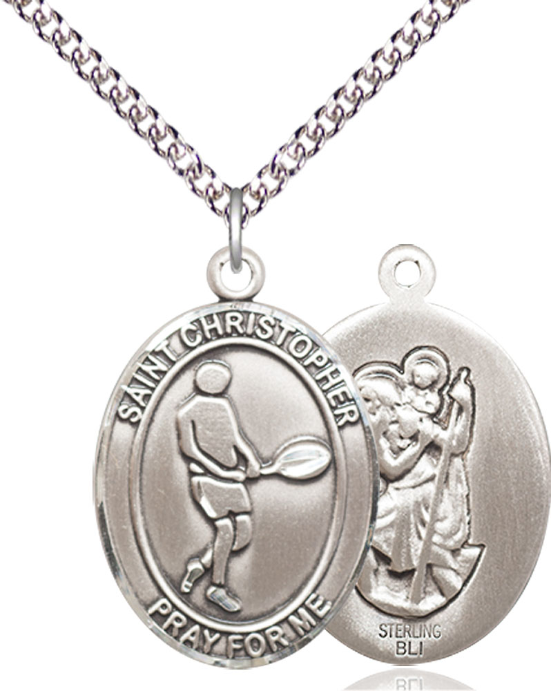 Sterling Silver Saint Christopher Tennis Pendant on a 24 inch Sterling Silver Heavy Curb chain