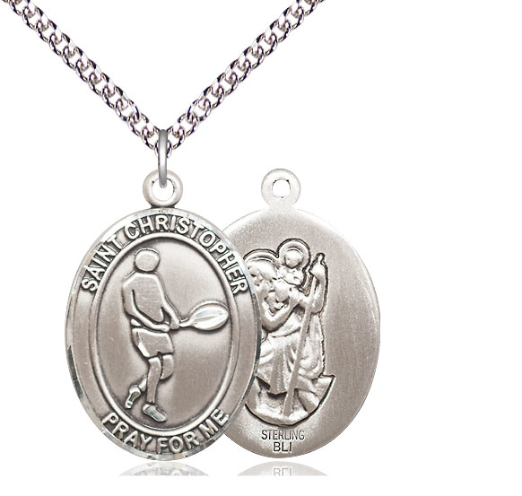 Sterling Silver Saint Christopher Tennis Pendant on a 24 inch Sterling Silver Heavy Curb chain