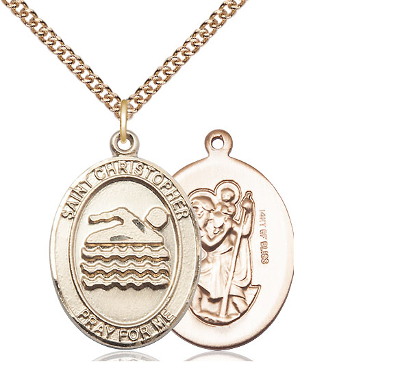 14kt Gold Filled Saint Christopher Swimming Pendant on a 24 inch Gold Filled Heavy Curb chain