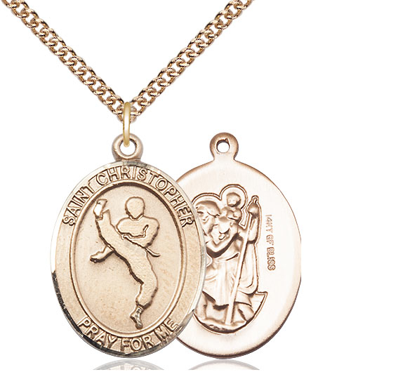 14kt Gold Filled Saint Christopher Martial Arts Pendant on a 24 inch Gold Filled Heavy Curb chain