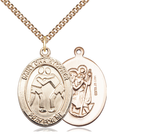 14kt Gold Filled Saint Christopher Wrestling Pendant on a 24 inch Gold Filled Heavy Curb chain