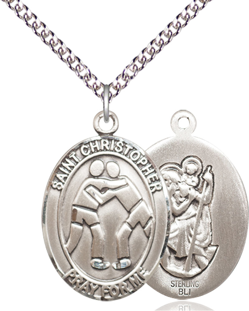Sterling Silver Saint Christopher Wrestling Pendant on a 24 inch Sterling Silver Heavy Curb chain