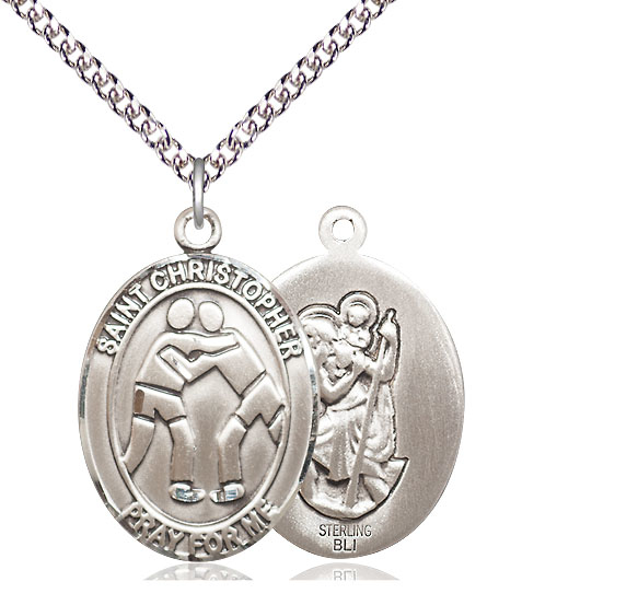 Sterling Silver Saint Christopher Wrestling Pendant on a 24 inch Sterling Silver Heavy Curb chain