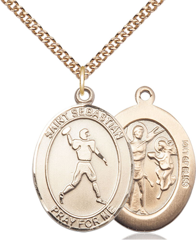 14kt Gold Filled Saint Sebastian Football Pendant on a 24 inch Gold Filled Heavy Curb chain