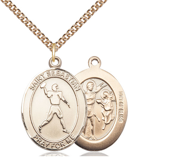 14kt Gold Filled Saint Sebastian Football Pendant on a 24 inch Gold Filled Heavy Curb chain