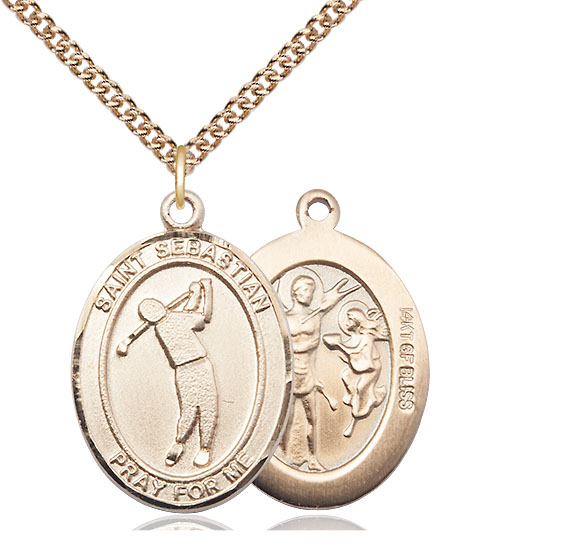 14kt Gold Filled Saint Sebastian Golf Pendant on a 24 inch Gold Filled Heavy Curb chain