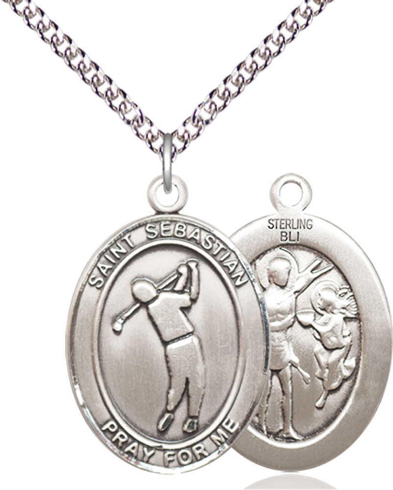 Sterling Silver Saint Sebastian Golf Pendant on a 24 inch Sterling Silver Heavy Curb chain