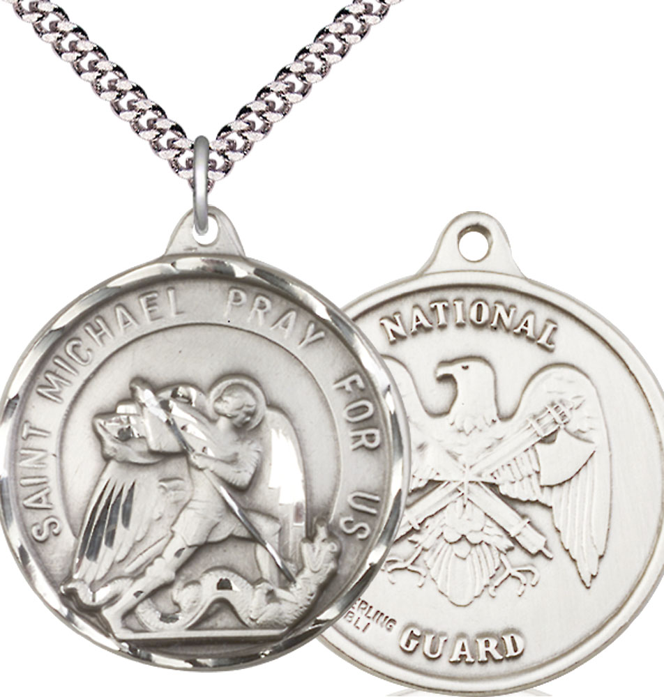 Sterling Silver Saint Michael National Guard Pendant on a 24 inch Light Rhodium Heavy Curb chain