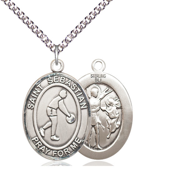 Sterling Silver Saint Sebastian Basketball Pendant on a 24 inch Sterling Silver Heavy Curb chain