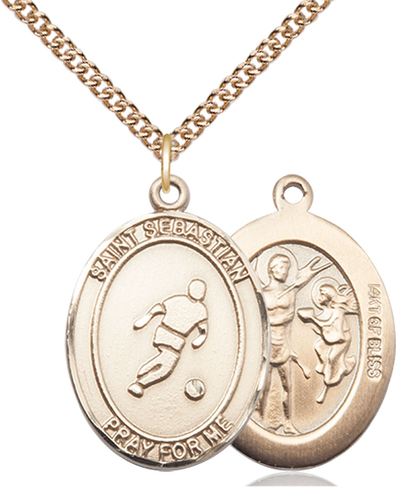 14kt Gold Filled Saint Sebastian Soccer Pendant on a 24 inch Gold Filled Heavy Curb chain