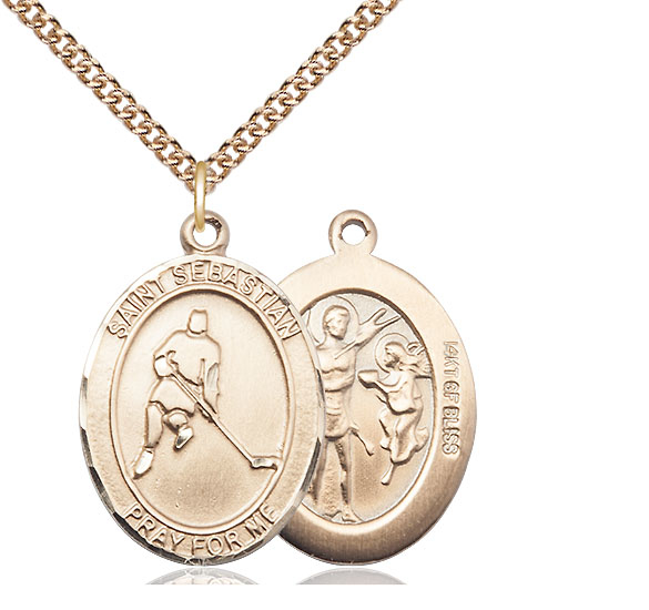 14kt Gold Filled Saint Sebastian Ice Hockey Pendant on a 24 inch Gold Filled Heavy Curb chain
