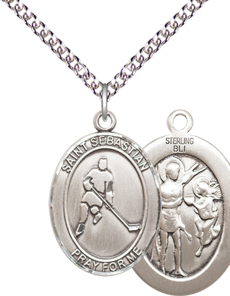 Sterling Silver Saint Sebastian Ice Hockey Pendant on a 24 inch Sterling Silver Heavy Curb chain