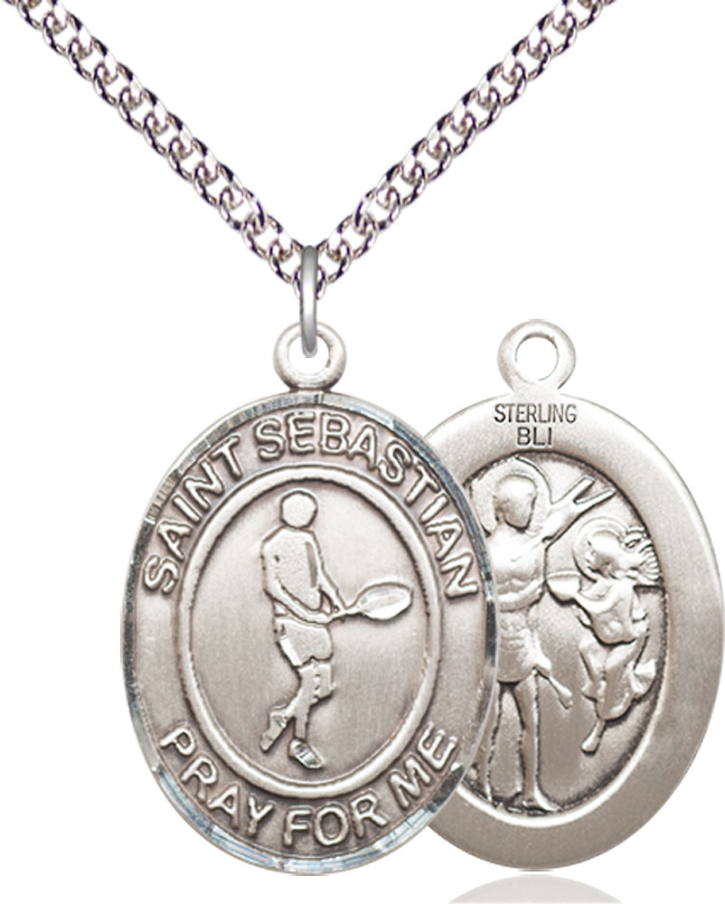 Sterling Silver Saint Sebastian Tennis Pendant on a 24 inch Sterling Silver Heavy Curb chain