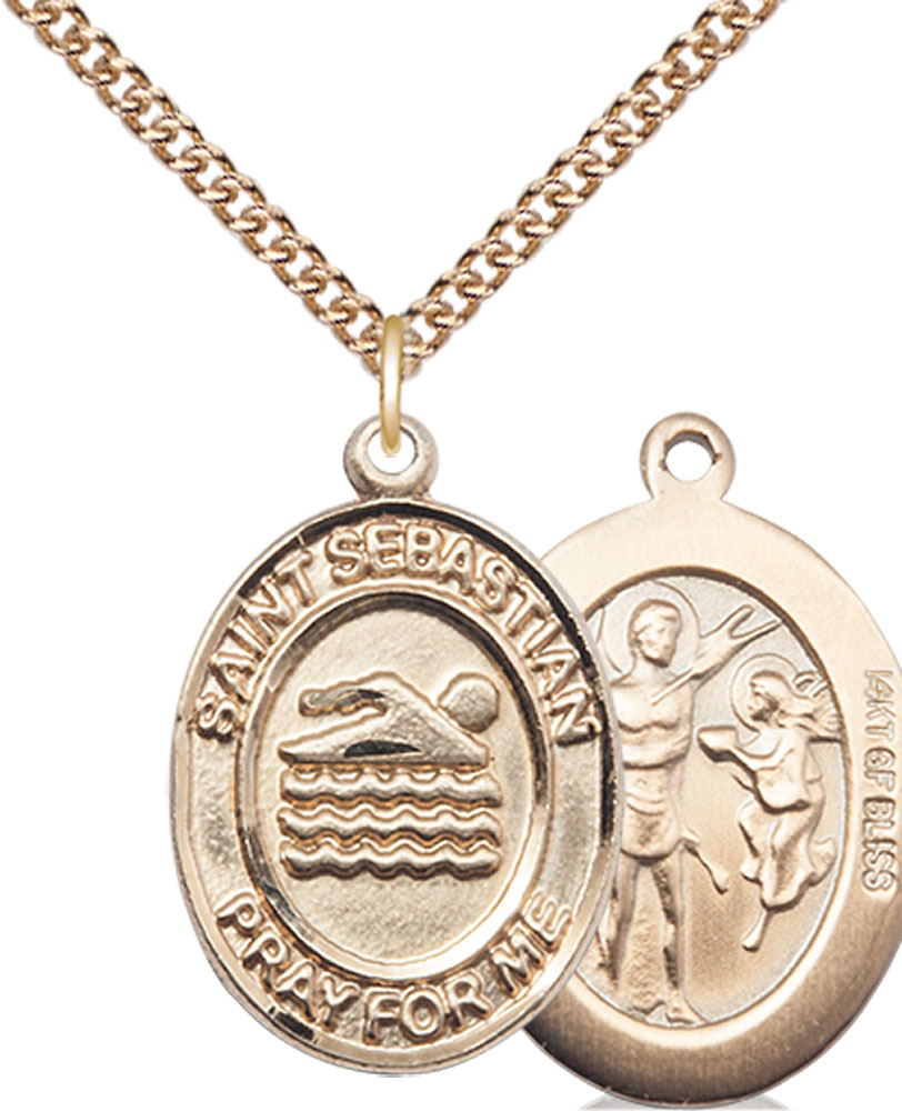 14kt Gold Filled Saint Sebastian Swimming Pendant on a 24 inch Gold Filled Heavy Curb chain
