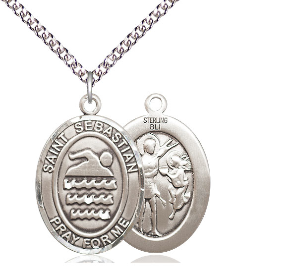 Sterling Silver Saint Sebastian Swimming Pendant on a 24 inch Sterling Silver Heavy Curb chain