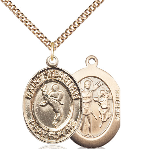 14kt Gold Filled Saint Sebastian Martial Arts Pendant on a 24 inch Gold Filled Heavy Curb chain