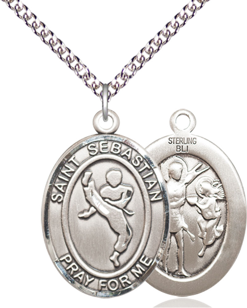 Sterling Silver Saint Sebastian Martial Arts Pendant on a 24 inch Sterling Silver Heavy Curb chain
