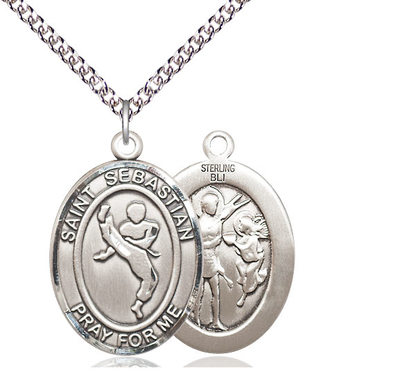 Sterling Silver Saint Sebastian Martial Arts Pendant on a 24 inch Sterling Silver Heavy Curb chain