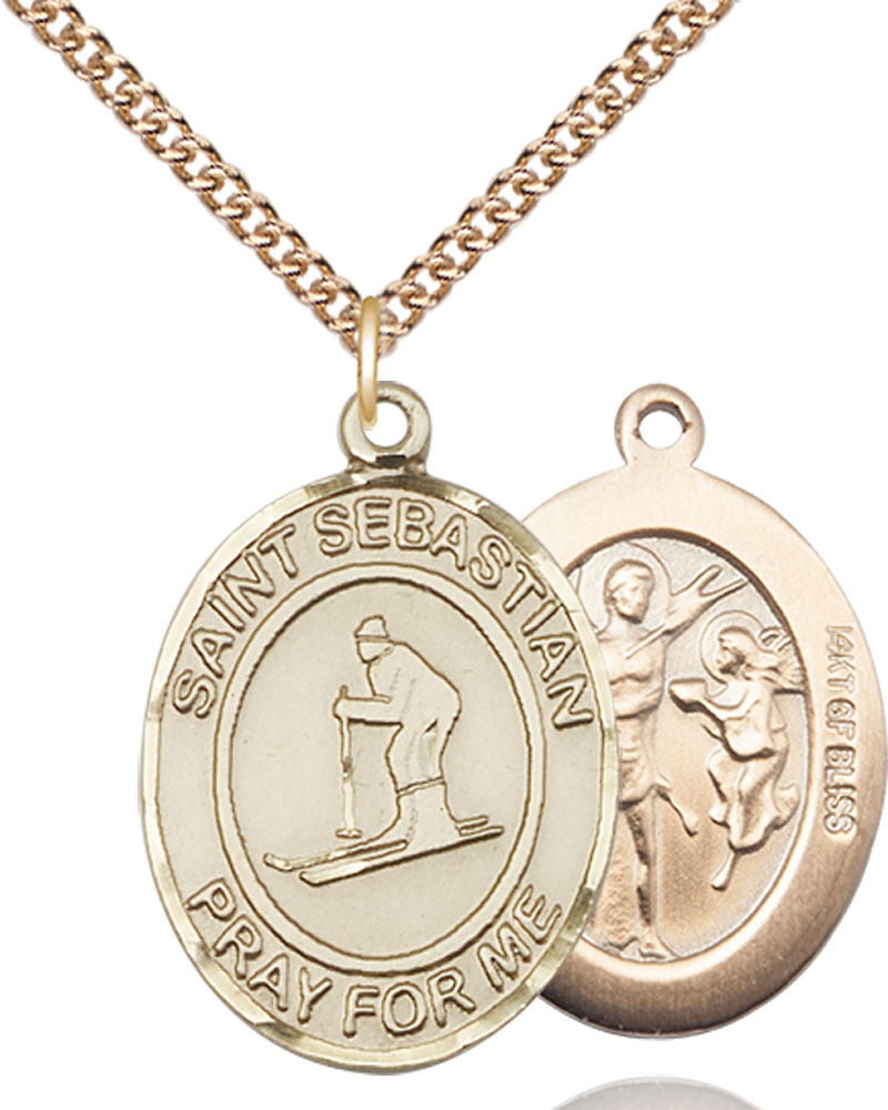 14kt Gold Filled Saint Sebastian Skiing Pendant on a 24 inch Gold Filled Heavy Curb chain