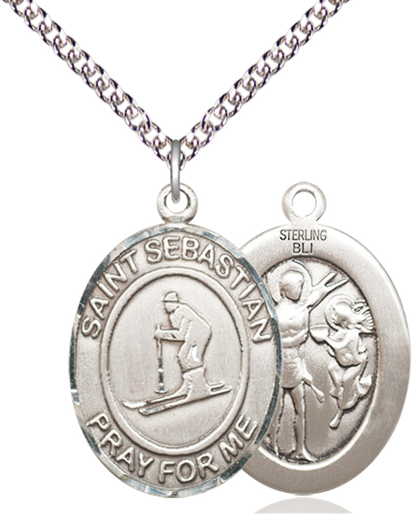 Sterling Silver Saint Sebastian Skiing Pendant on a 24 inch Sterling Silver Heavy Curb chain