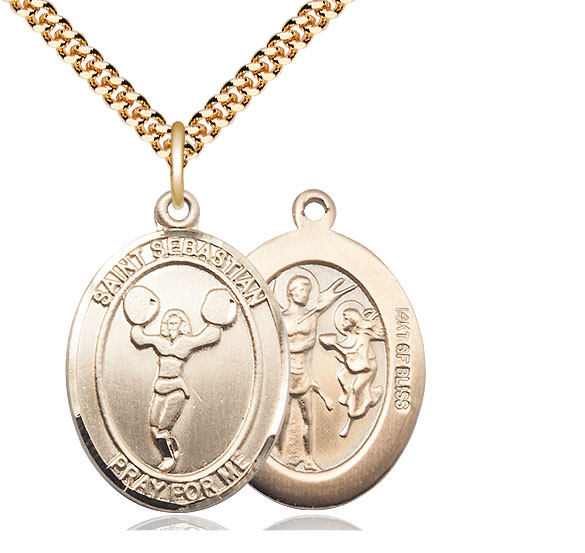 14kt Gold Filled Saint Sebastian Cheerleading Pendant on a 24 inch Gold Plate Heavy Curb chain