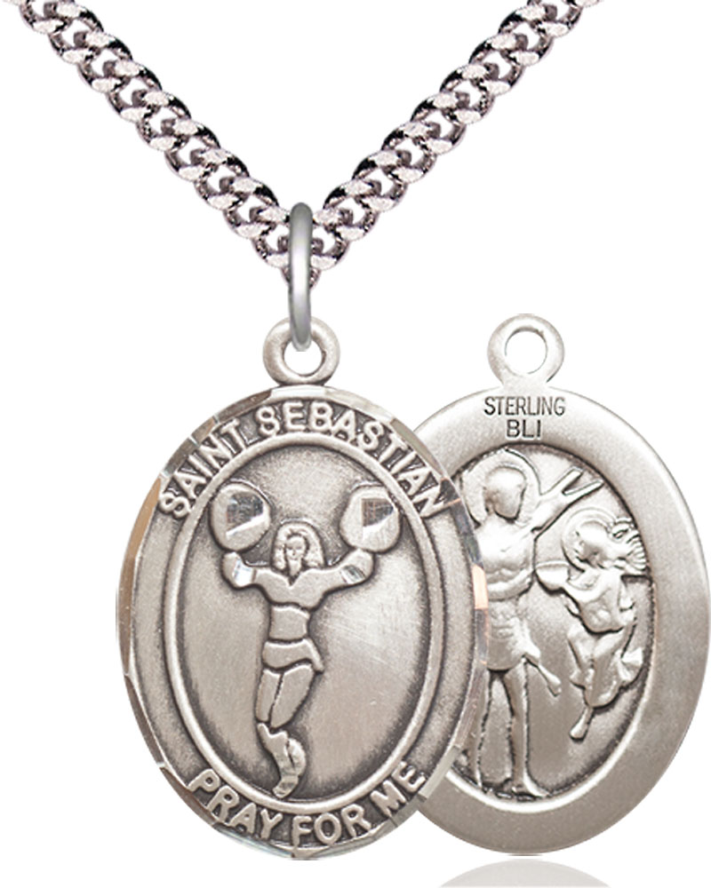 Sterling Silver Saint Sebastian Cheerleading Pendant on a 24 inch Light Rhodium Heavy Curb chain