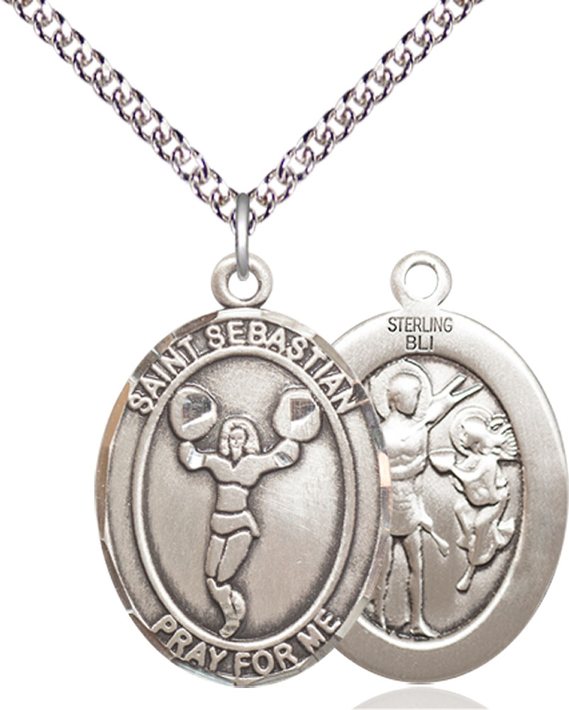 Sterling Silver Saint Sebastian Cheerleading Pendant on a 24 inch Sterling Silver Heavy Curb chain