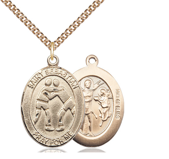 14kt Gold Filled Saint Sebastian Wrestling Pendant on a 24 inch Gold Filled Heavy Curb chain
