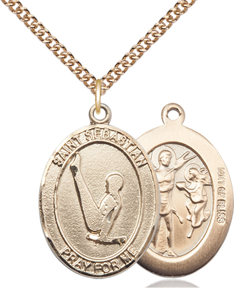14kt Gold Filled Saint Sebastian Gymnastics Pendant on a 24 inch Gold Filled Heavy Curb chain