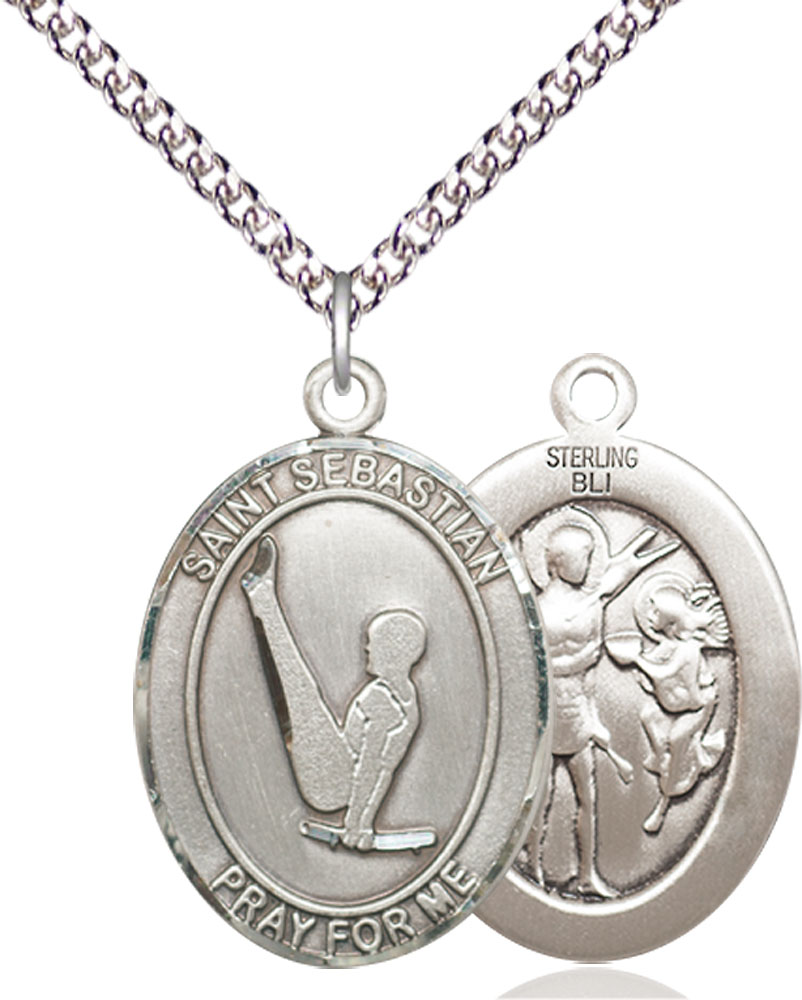 Sterling Silver Saint Sebastian Gymnastics Pendant on a 24 inch Sterling Silver Heavy Curb chain