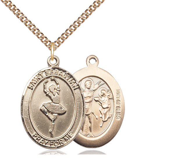 14kt Gold Filled Saint Sebastian Dance Pendant on a 24 inch Gold Filled Heavy Curb chain