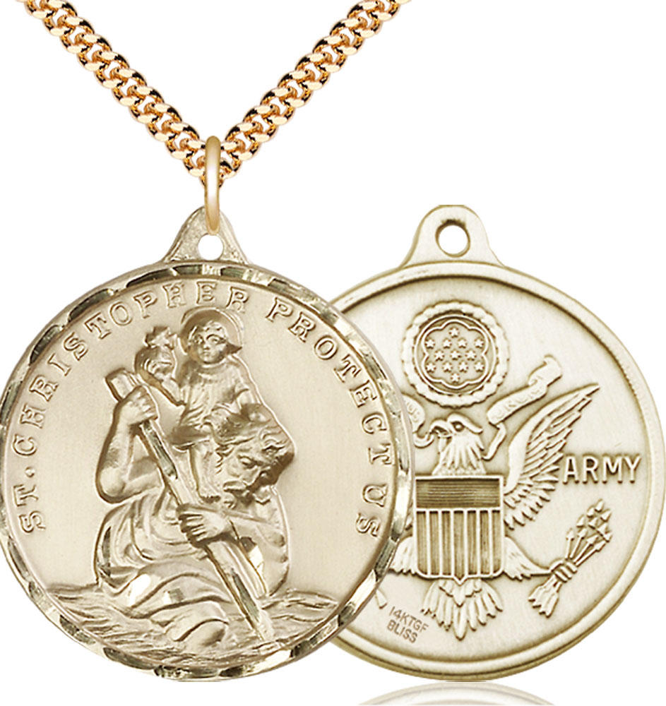14kt Gold Filled Saint Christopher Army Pendant on a 24 inch Gold Plate Heavy Curb chain