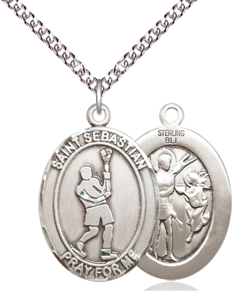 Sterling Silver Saint Sebastian Lacrosse Pendant on a 24 inch Sterling Silver Heavy Curb chain