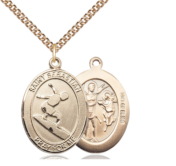 14kt Gold Filled Saint Sebastian Surfing Pendant on a 24 inch Gold Filled Heavy Curb chain