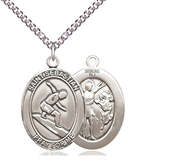 Sterling Silver Saint Sebastian Surfing Pendant on a 24 inch Sterling Silver Heavy Curb chain