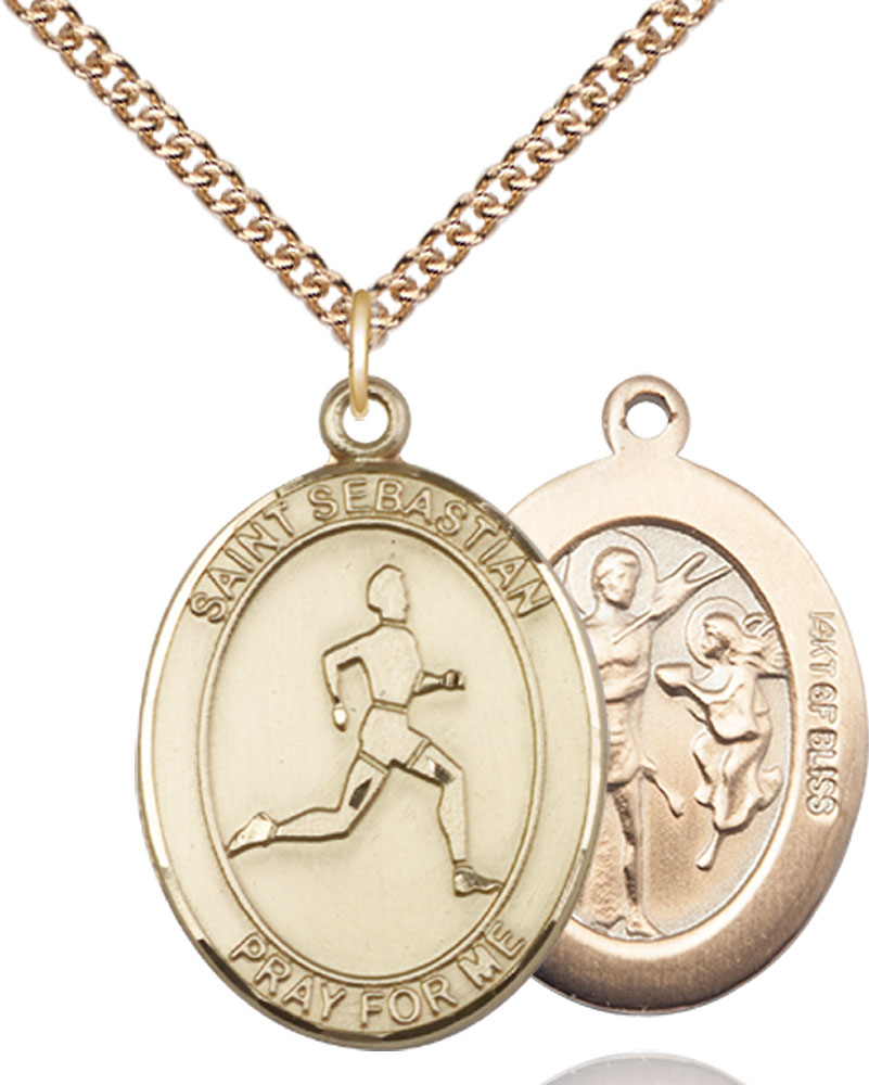 14kt Gold Filled Saint Sebastian Track and Field Pendant on a 24 inch Gold Filled Heavy Curb chain