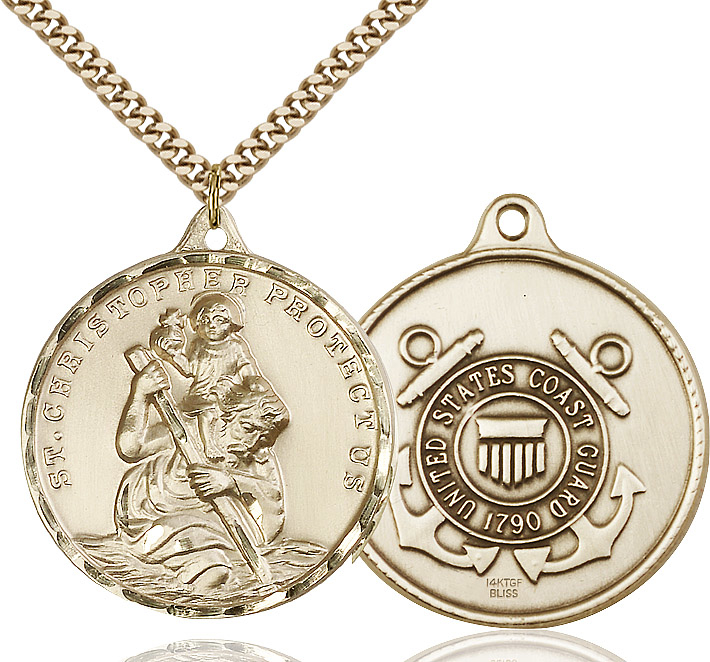 14kt Gold Filled Saint Christopher Coast Guard Pendant on a 24 inch Gold Plate Heavy Curb chain
