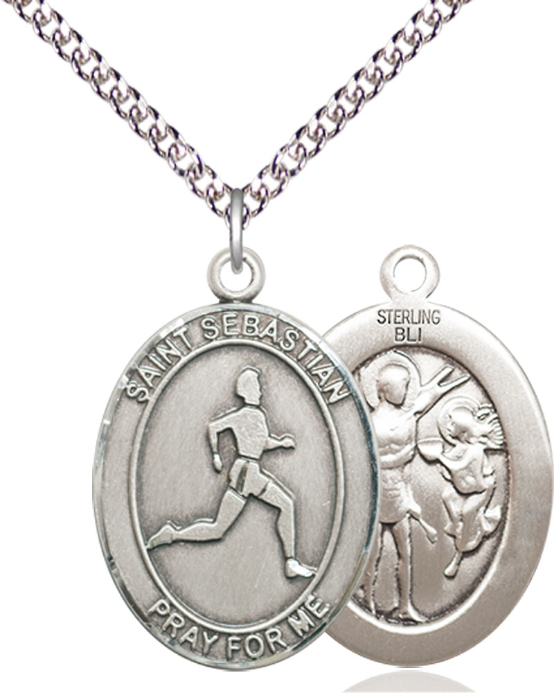 Sterling Silver Saint Sebastian Track and Field Pendant on a 24 inch Sterling Silver Heavy Curb chain