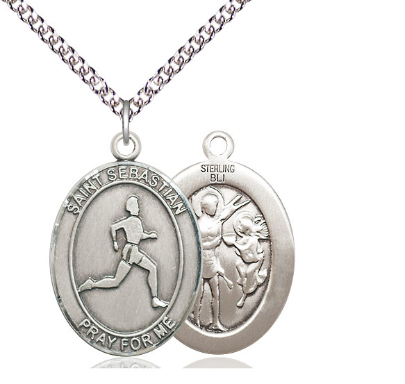 Sterling Silver Saint Sebastian Track and Field Pendant on a 24 inch Sterling Silver Heavy Curb chain