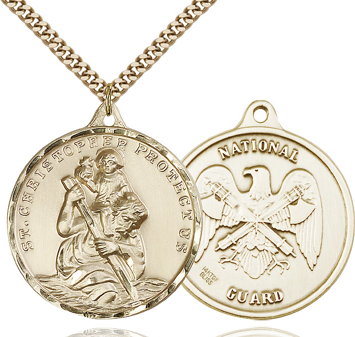 14kt Gold Filled Saint Christopher National Guard Pendant on a 24 inch Gold Plate Heavy Curb chain