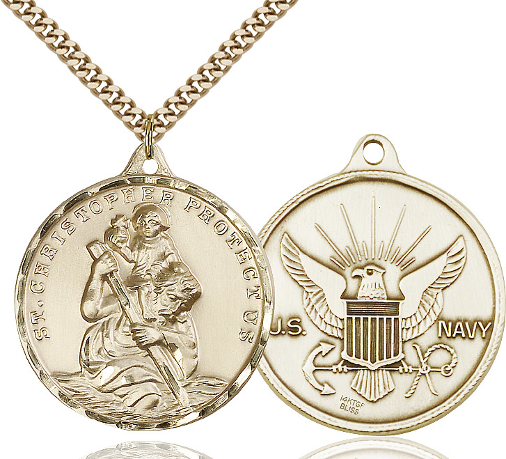 14kt Gold Filled Saint Christopher Navy Pendant on a 24 inch Gold Plate Heavy Curb chain