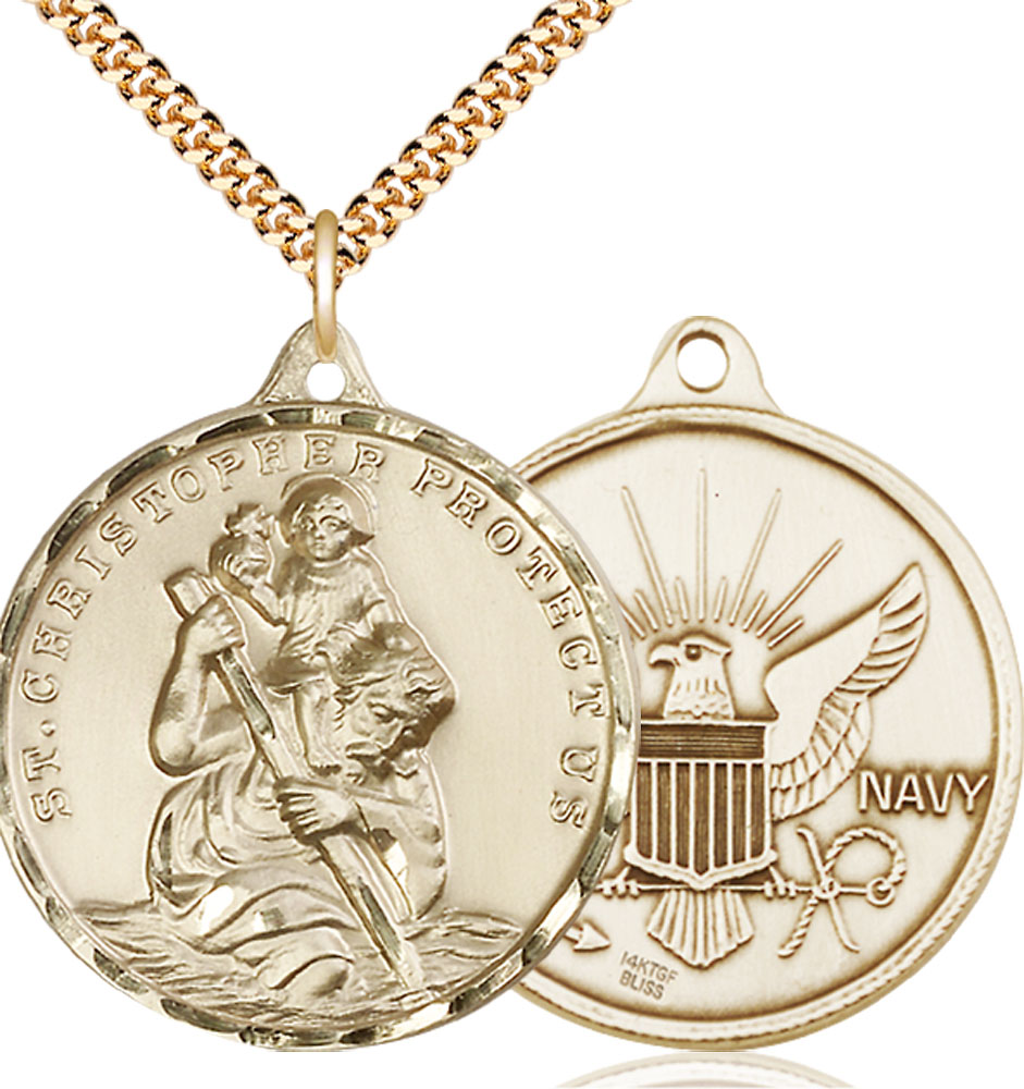 14kt Gold Filled Saint Christopher Navy Pendant on a 24 inch Gold Plate Heavy Curb chain