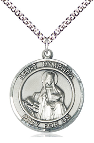Sterling Silver Saint Dymphna Pendant on a 24 inch Sterling Silver Heavy Curb chain