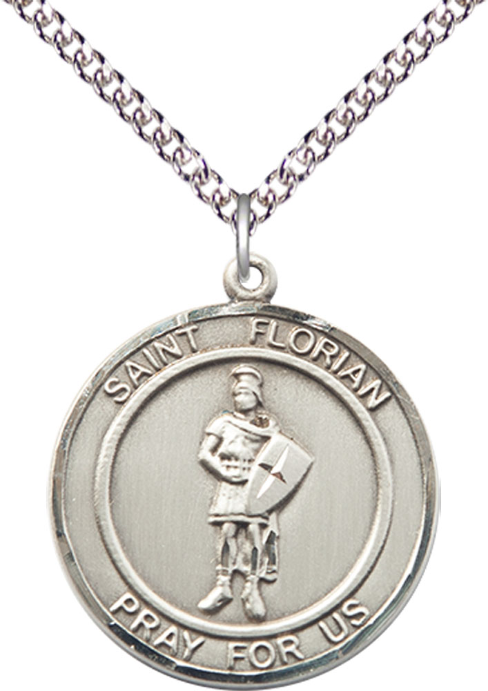 Sterling Silver Saint Florian Pendant on a 24 inch Sterling Silver Heavy Curb chain