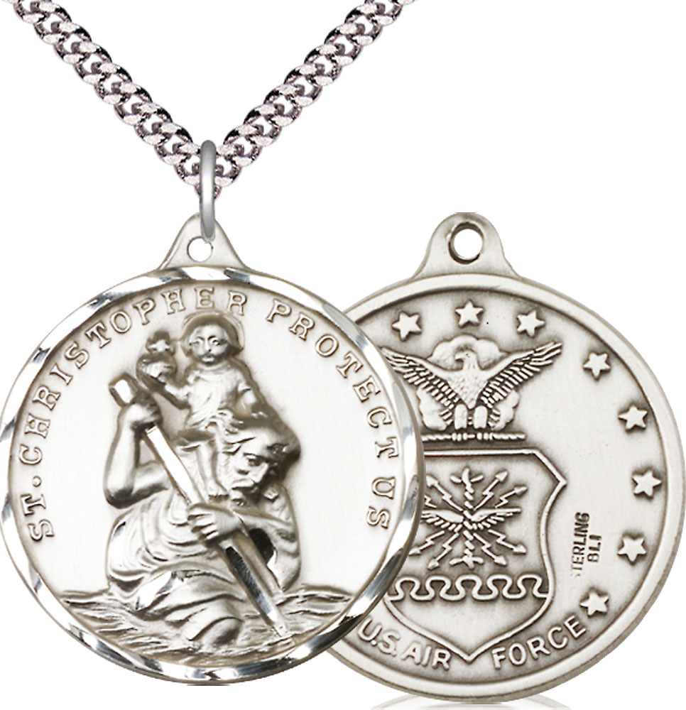 Sterling Silver Saint Christopher Air Force Pendant on a 24 inch Light Rhodium Heavy Curb chain