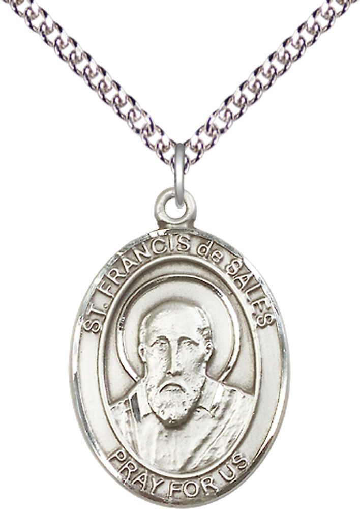 Sterling Silver Saint Francis de Sales Pendant on a 24 inch Sterling Silver Heavy Curb chain