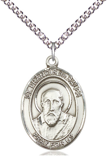 Sterling Silver Saint Francis de Sales Pendant on a 24 inch Sterling Silver Heavy Curb chain