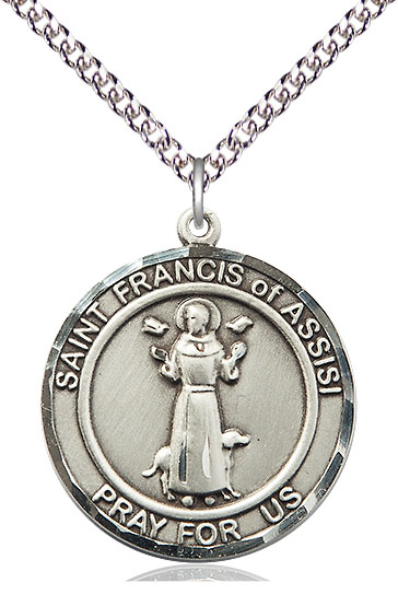 Sterling Silver Saint Francis of Assisi Pendant on a 24 inch Sterling Silver Heavy Curb chain