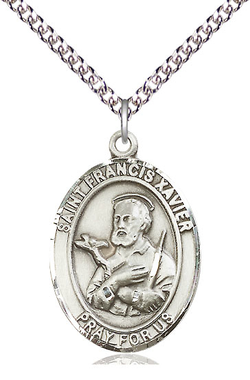 Sterling Silver Saint Francis Xavier Pendant on a 24 inch Sterling Silver Heavy Curb chain
