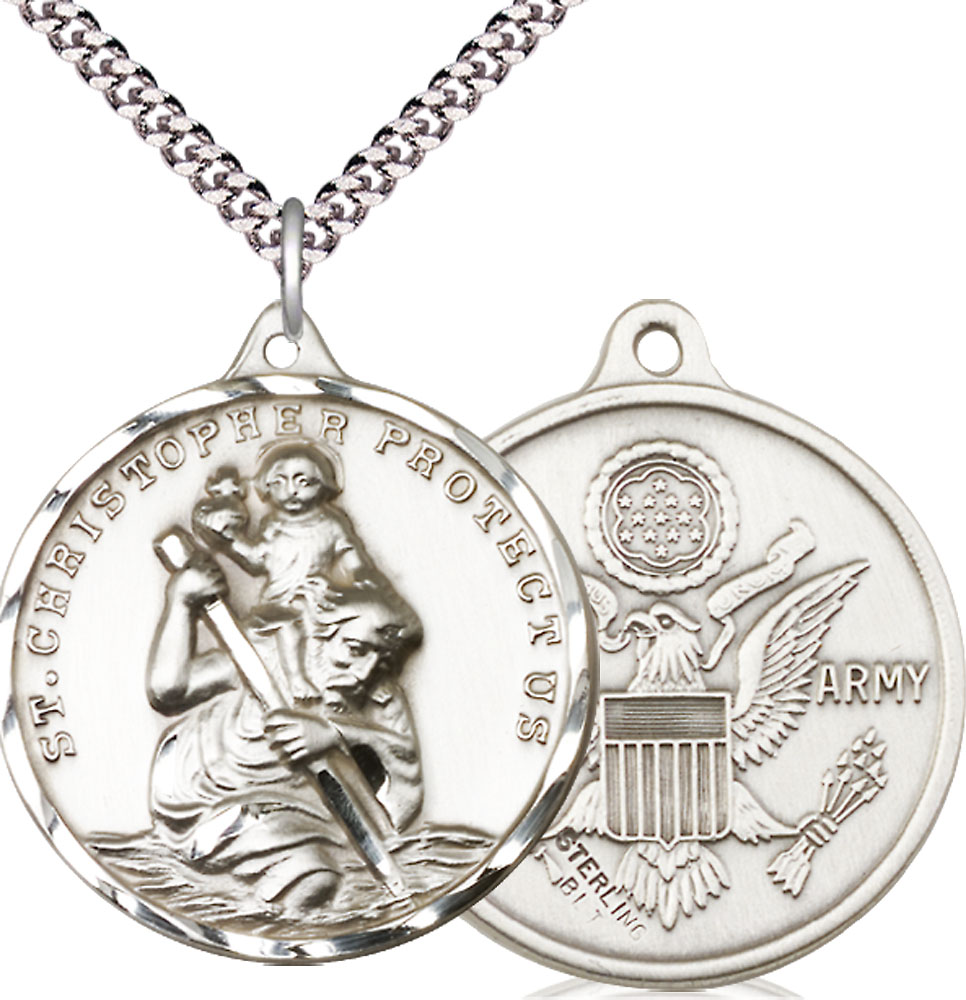 Sterling Silver Saint Christopher Army Pendant on a 24 inch Light Rhodium Heavy Curb chain
